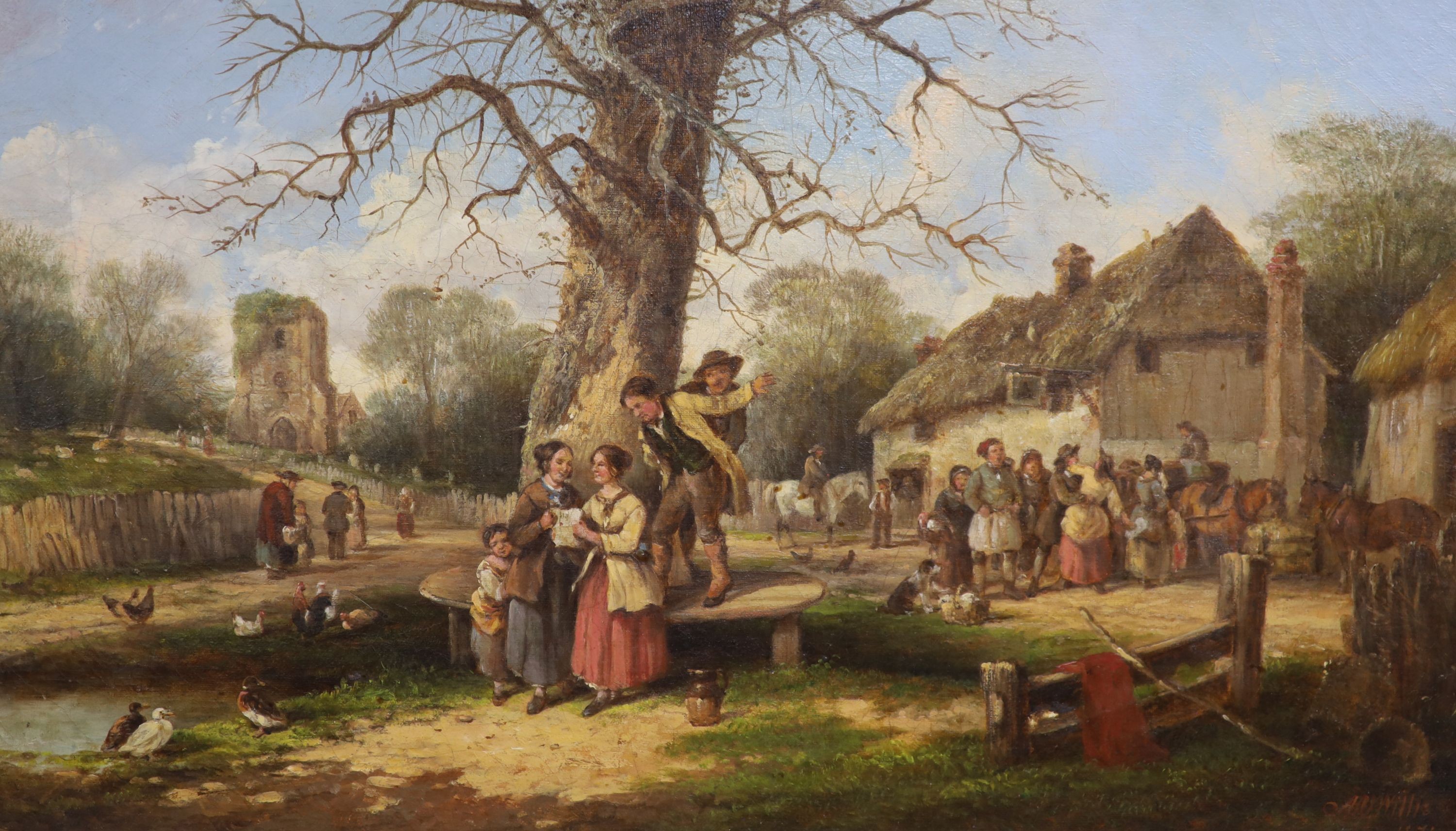 A Willis, 1874, oil on canvas, revellers outside a tavern, signed and dated, 29 x 49cm.